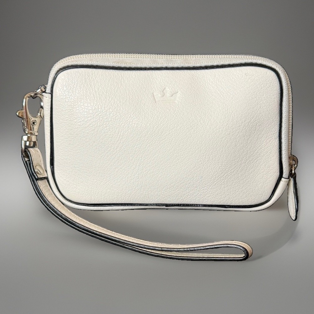 Baekgaard Leather Wristlet Bag Ivory w/ Black Trim Detachable Strap Zipper EUC